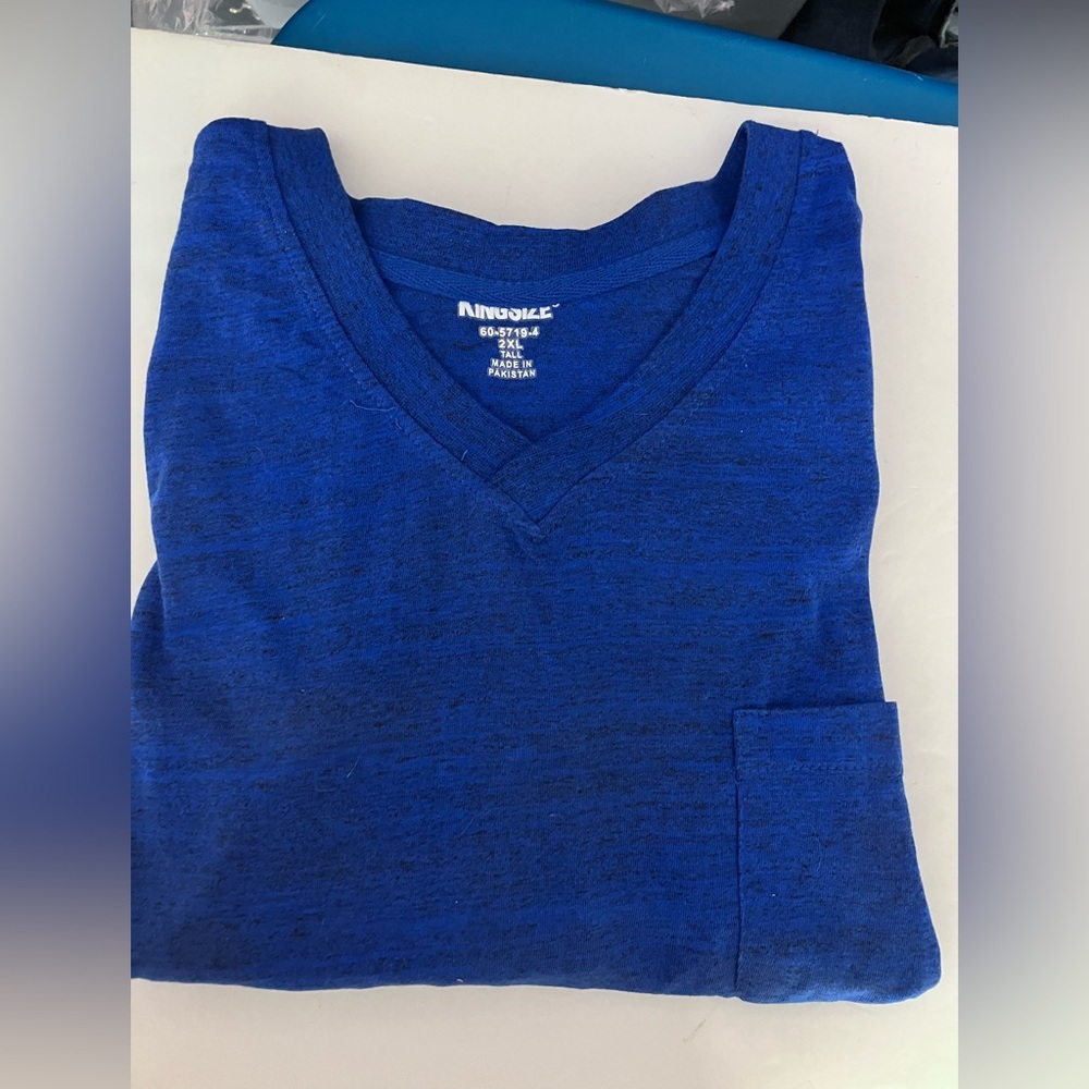 Men’s Short Sleeve V Neck T-Shirt, 2XL, Blue/Black, Chest Pocket, NWOT